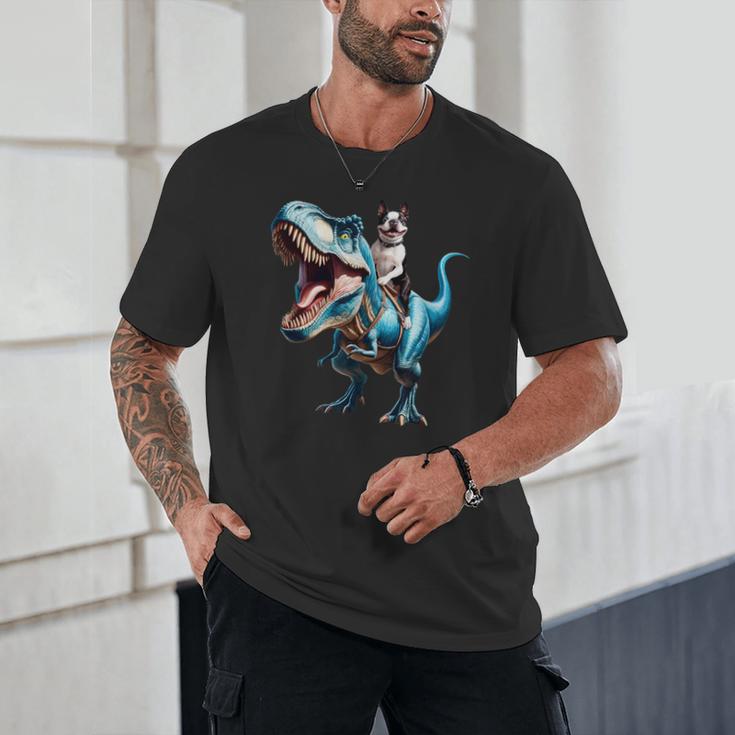Boston Terrier Riding T-Rex Dinosaur Dog Lover Unisex T-Shirt, novelty gifts, funny gifts