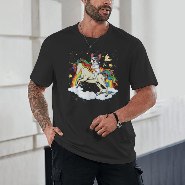 Boston Terrier Riding Unicorn Boys Girls Kids Rainbow Unisex T-Shirt, novelty gifts, funny gifts