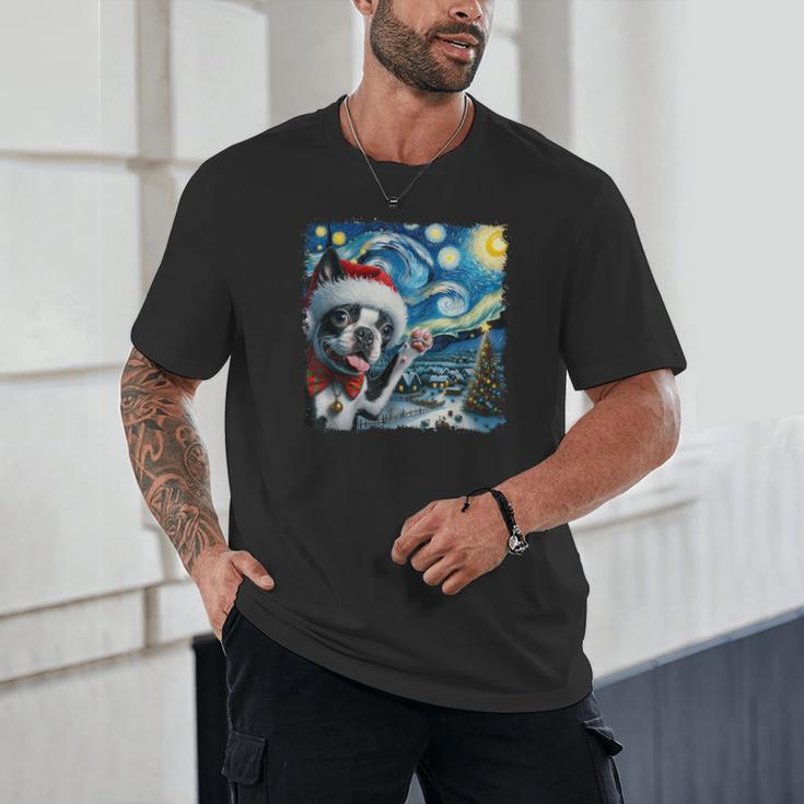 Boston Terrier Santa Starry Night Van Gogh Christmas Dog Men Women Kids Unisex T-Shirt, novelty gifts, funny gifts