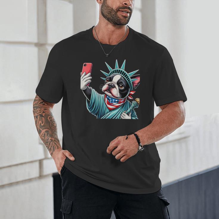 Boston Terrier Selfie Statue Of Liberty 4th Of July American Unisex T-Shirt, novelty gifts, funny gifts