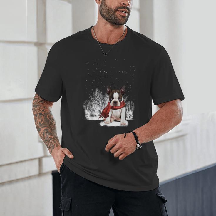 Boston Terrier In The Snow Merry Christmas Winter Unisex T-Shirt, novelty gifts, funny gifts