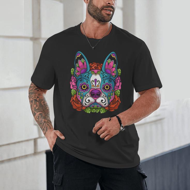 Boston Terrier Sugar Skull Dog Day Of The Dead Unisex T-Shirt, novelty gifts, funny gifts