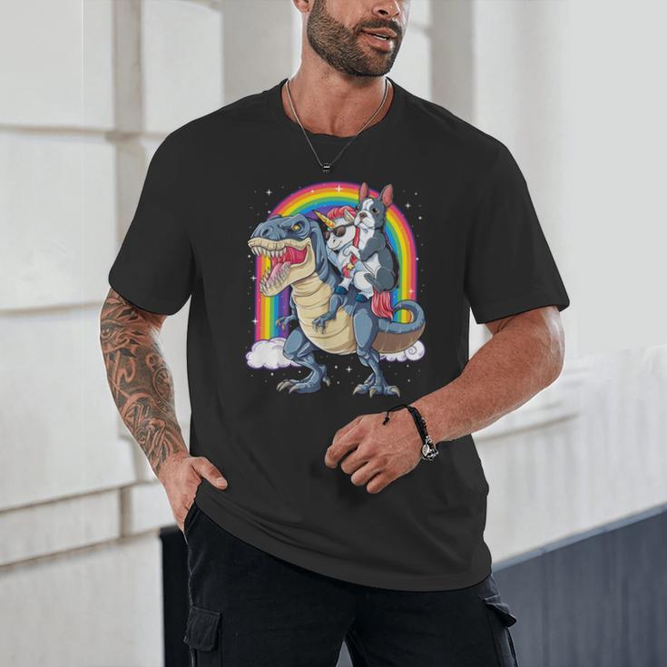 Boston Terrier Unicorn Riding Dinosaur T-Rex Girls Rainbow Unisex T-Shirt, novelty gifts, funny gifts