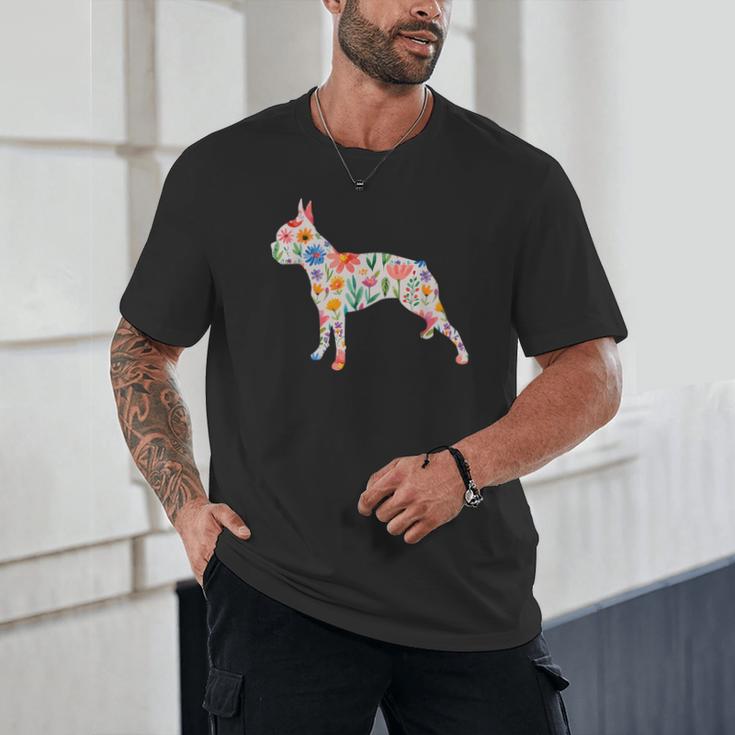 Boston Terrier Watercolor Flowers Unisex T-Shirt, novelty gifts, funny gifts