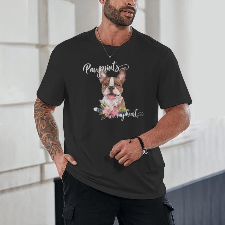 Brown Boston Terrier With Flowers And Feathers Unisex T-Shirt, novelty gifts, funny gifts