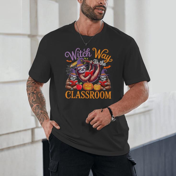 Way To Classroom Halloween Witch Three Cute Sloths Teacher Unisex T-Shirt, novelty gifts, funny gifts Way To Classroom Halloween Witch Three Cute Sloths Teacher Unisex T-Shirt, novelty gifts, funny gifts