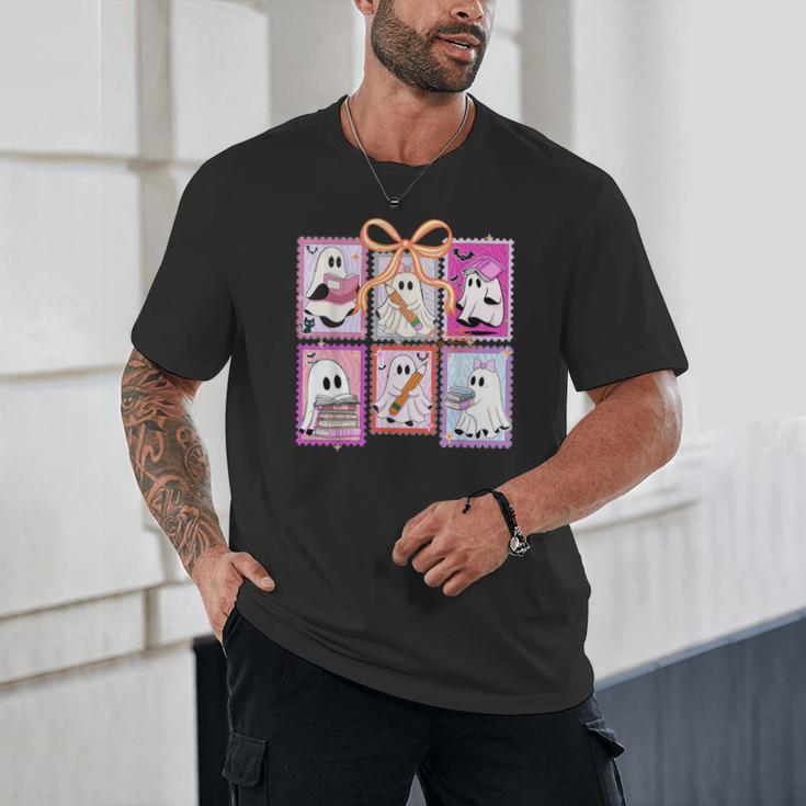 Coquette Bow Spooky Teacher Ghost Halloween Trick Or Teach Unisex T-Shirt, novelty gifts, funny gifts