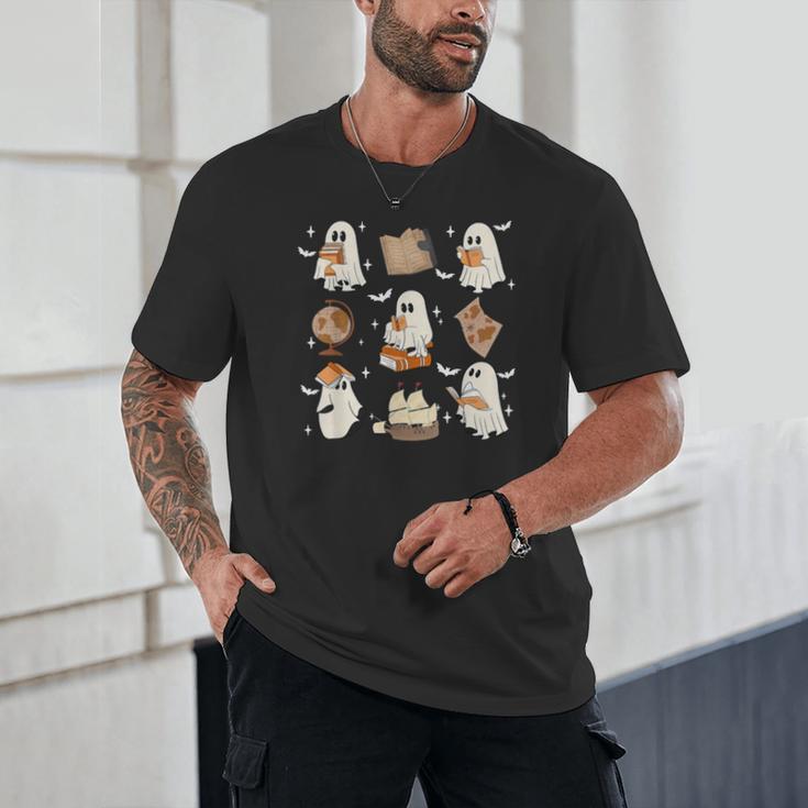 Cute Ghosts Reading Book Bookworm Halloween History Teacher Unisex T-Shirt, novelty gifts, funny gifts
