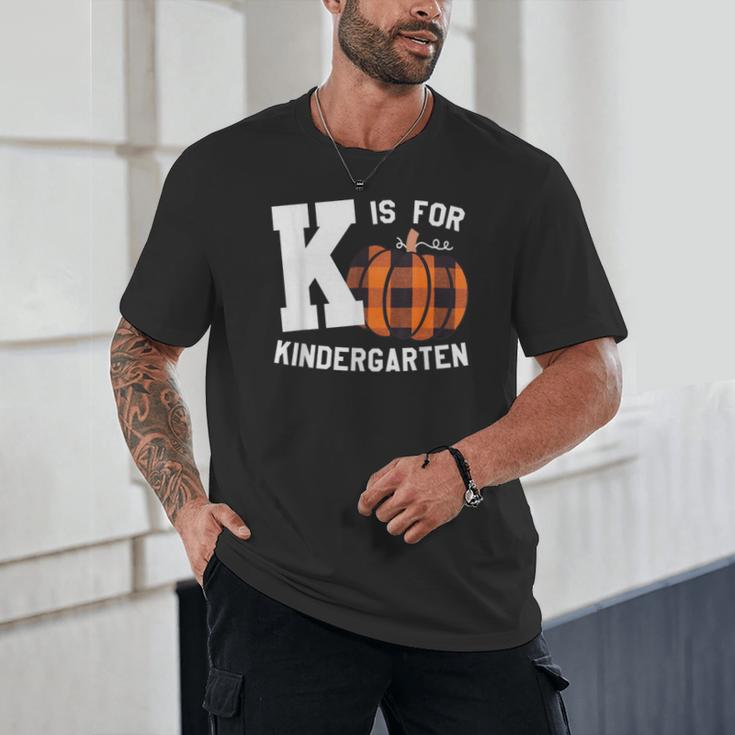 Fall Kindergarten Teacher K Is For Buffalo Plaid Pumpkin Unisex T-Shirt, novelty gifts, funny gifts