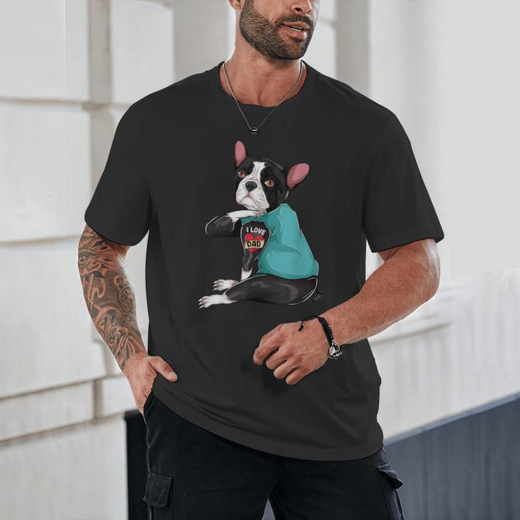 Father's Day Gift Dog Dad Boston Terrier i Love Dad Tattoo Unisex T-Shirt, novelty gifts, funny gifts