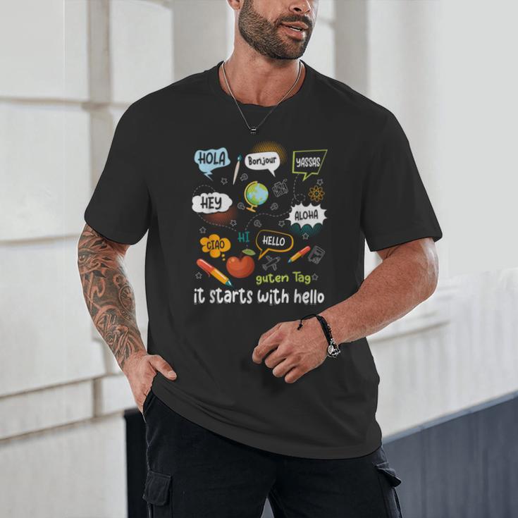 Friendship Inclusion Language Teacher It Starts With Hello Unisex T-Shirt, novelty gifts, funny gifts Friendship Inclusion Language Teacher It Starts With Hello Unisex T-Shirt, novelty gifts, funny gifts