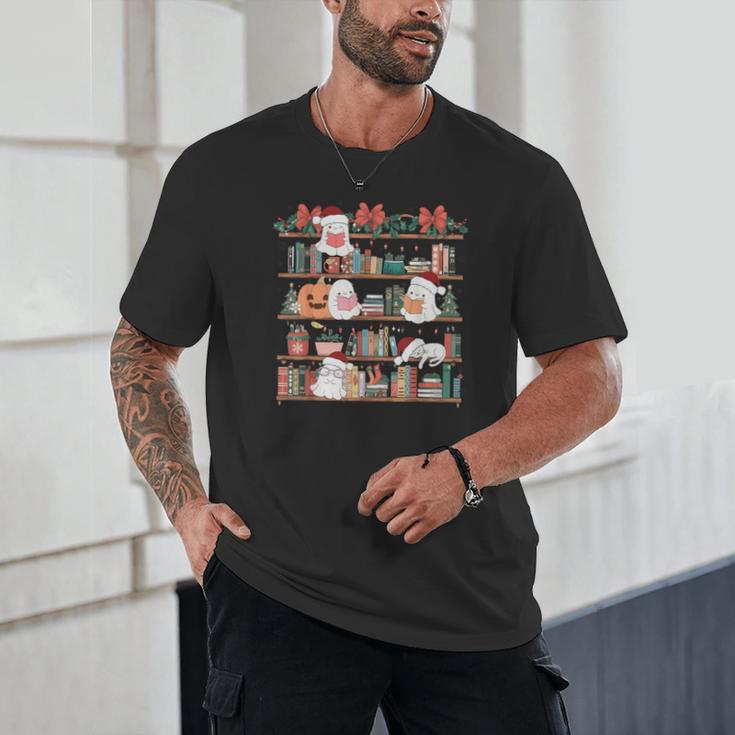 Ghost Christmas Reading Book Lover Library Christmas Teacher Unisex T-Shirt, novelty gifts, funny gifts