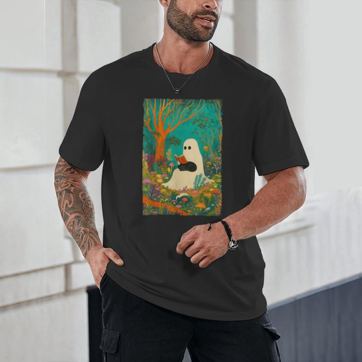 Groovy Ghost Reading Book Cat Halloween Ghost Teacher Unisex T-Shirt, novelty gifts, funny gifts