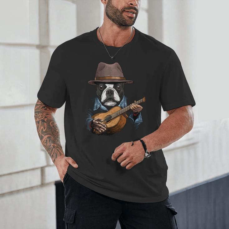 Guitar Shirt Boston Terrier Dog Playing Acoustic Guitar Unisex T-Shirt, novelty gifts, funny gifts