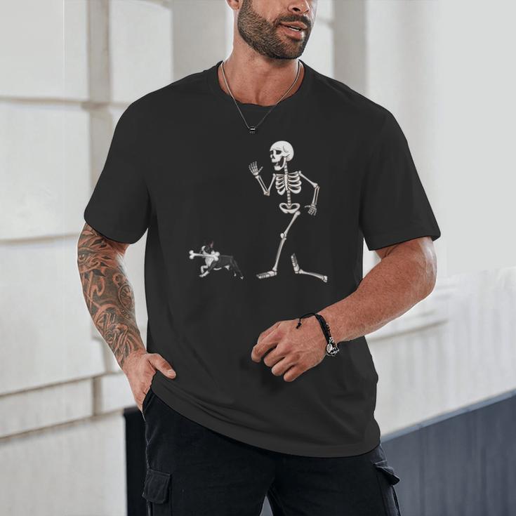 Halloween Boston Terrier And Skeleton Unisex T-Shirt, novelty gifts, funny gifts