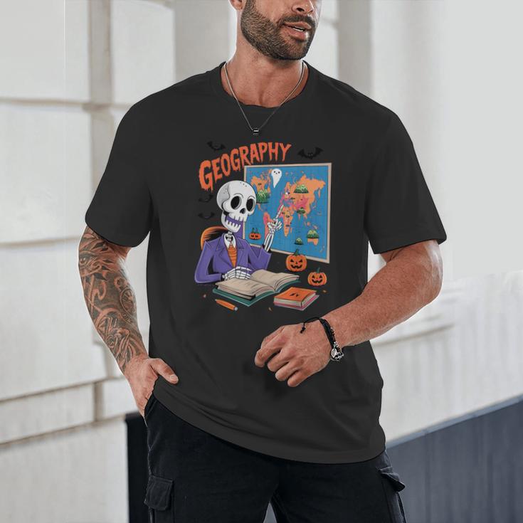 Halloween Skeleton Geography Teacher Pumpkin Bats Classroom Unisex T-Shirt, novelty gifts, funny gifts