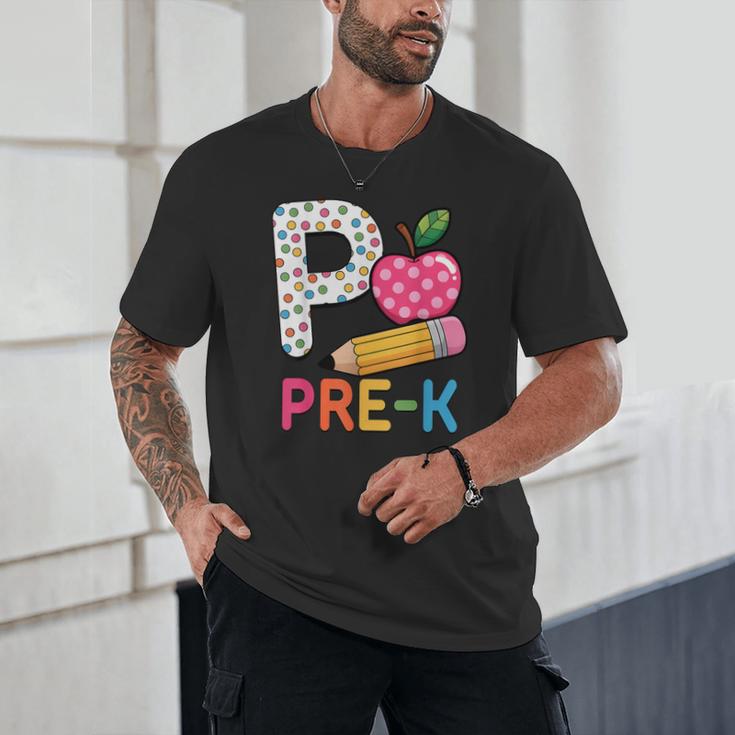 P Is For Pre K Teacher Student Pencil Apple Back To School Unisex T-Shirt, novelty gifts, funny gifts
