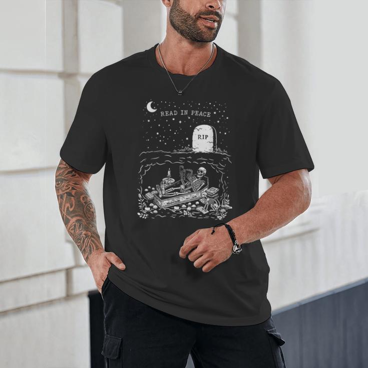 Read In Peace Skeleton Halloween Book Reading Spooky Teacher Unisex T-Shirt, novelty gifts, funny gifts