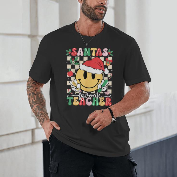 Santas Favorite Teacher Retro Groovy Smile Face Christmas Unisex T-Shirt, novelty gifts, funny gifts