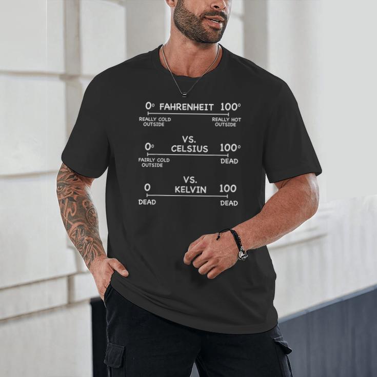 Science Teacher Engineering Temperature Scales Fahrenheit Vs Celsius Vs Kelvin Humorous -Adults - Small Short Sleeve Modern V-Neck Cotton Blend Machine Wash Unisex T-Shirt, novelty gifts, funny gifts