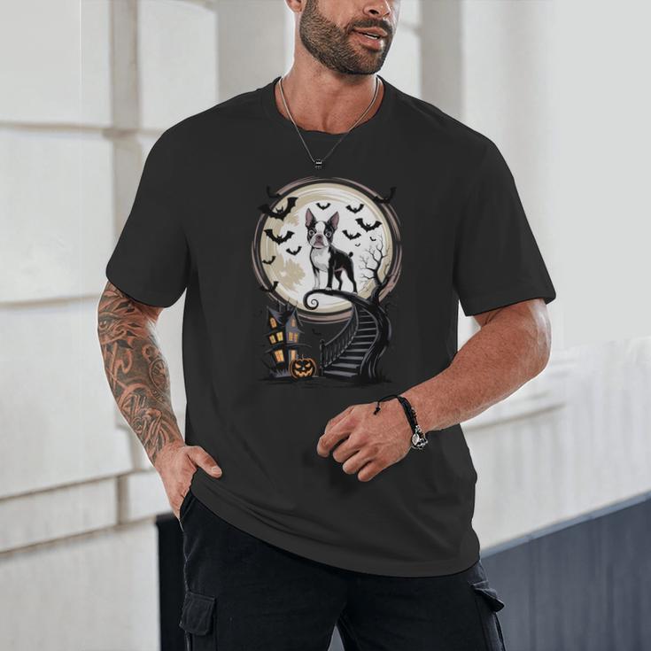Spooky Halloween Moon Boston Terrier Boston Bull Bostie Unisex T-Shirt, novelty gifts, funny gifts
