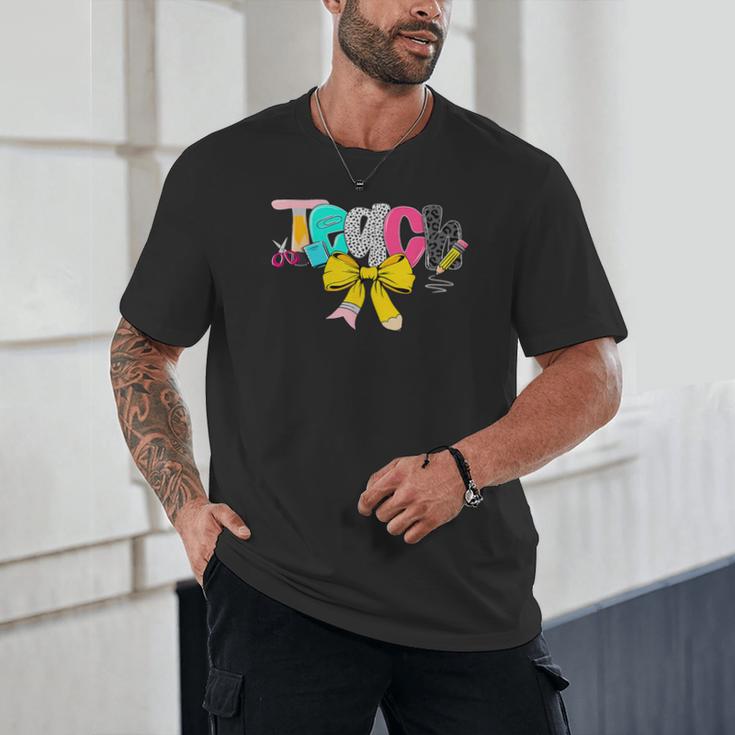 Teach Coquette Bow Teacher Back To School Happy First Day Unisex T-Shirt, novelty gifts, funny gifts