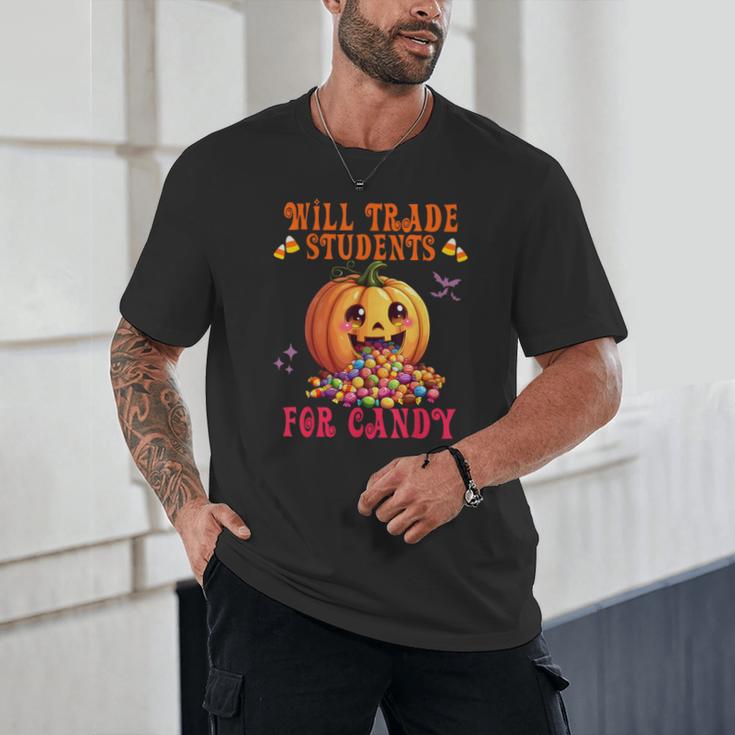 Will Trade Students For Candy Teacher Cute Halloween Pumpkin Unisex T-Shirt, novelty gifts, funny gifts