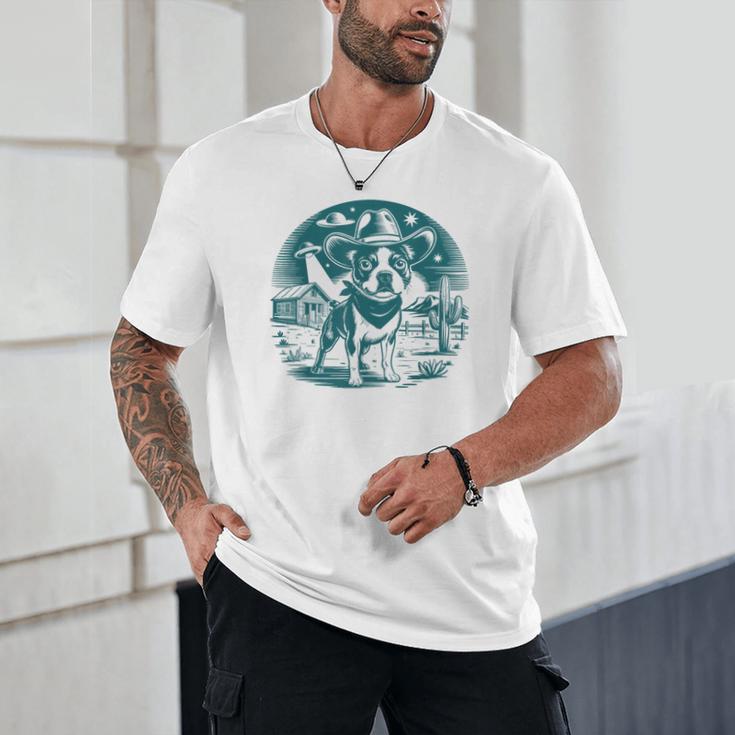 Boston Terrier Cowboy UFO Shirt Vintage Western Dog Mom Tee Unisex T-Shirt, novelty gifts, funny gifts