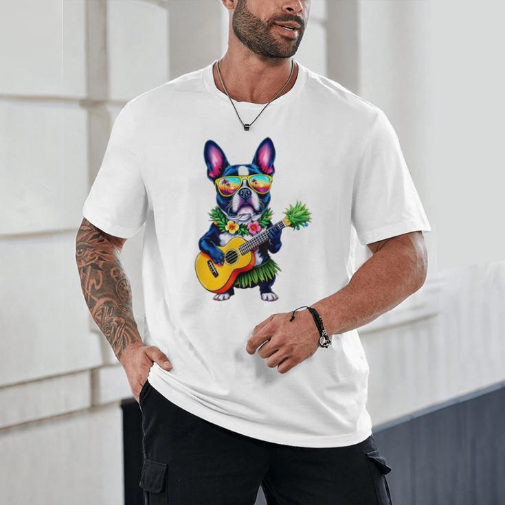 Hawaiian Boston Terrier & Pineapple Ukulele Summer Vacation Unisex T-Shirt, novelty gifts, funny gifts