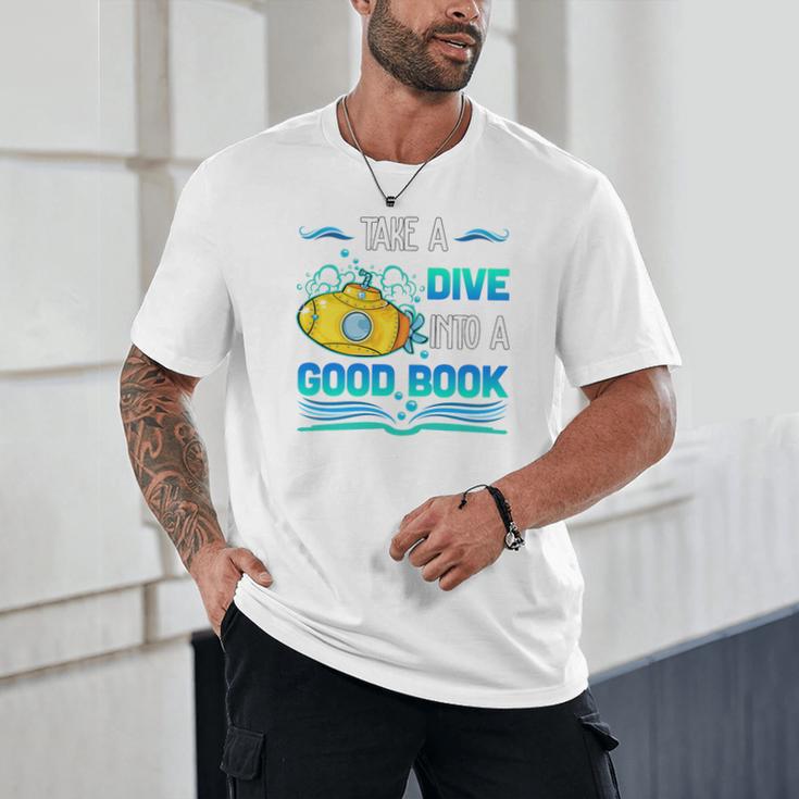 Librarian Teacher Dive Into A Good Book Reading Premium Tri-Blend Unisex T-Shirt, novelty gifts, funny gifts
