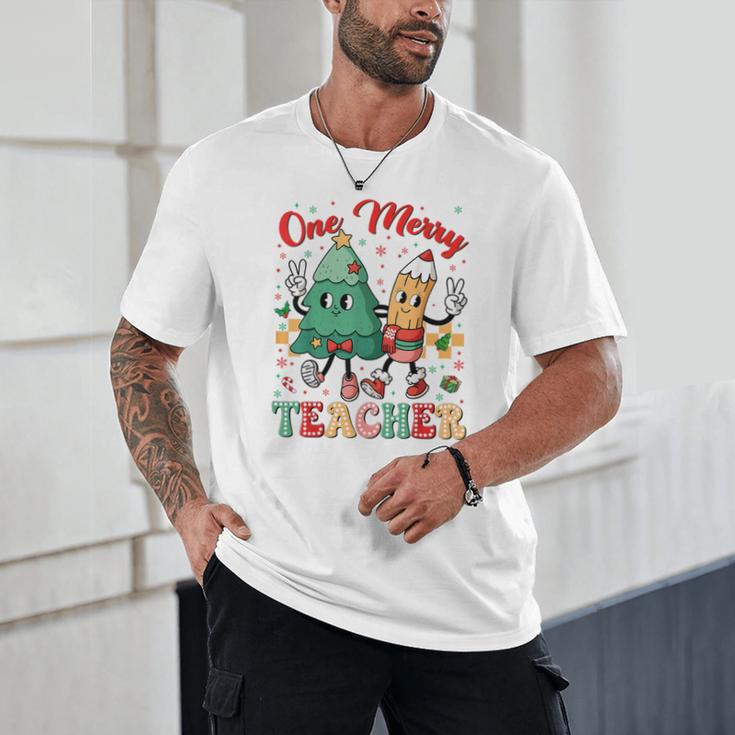 One Merry Teacher Groovy Christmas Tree Pjs Xmas Teacher Unisex T-Shirt, novelty gifts, funny gifts