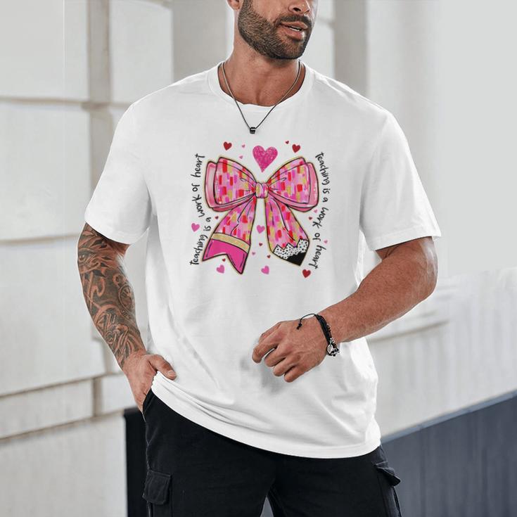 Teaching Is A Work Of Heart Pencil Bow Teacher Valentine Unisex T-Shirt, novelty gifts, funny gifts