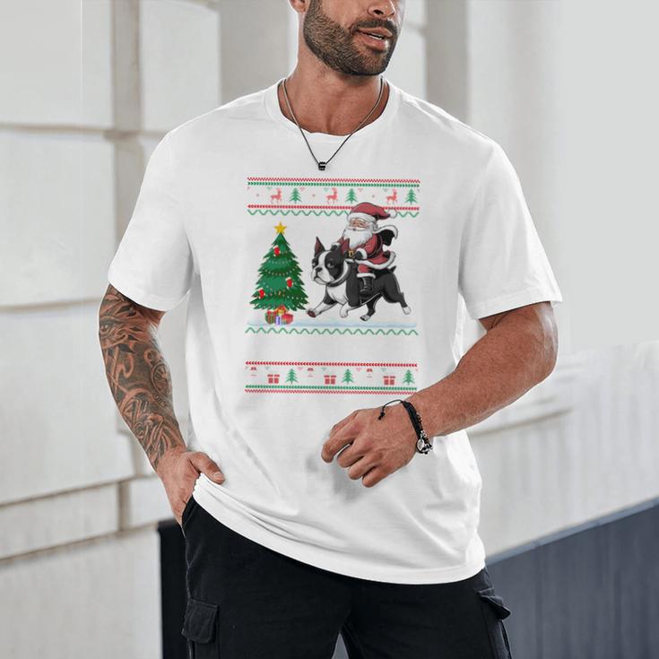 Xmas Tree Lighting Santa Riding Boston Terrier Christmas Unisex T-Shirt, novelty gifts, funny gifts