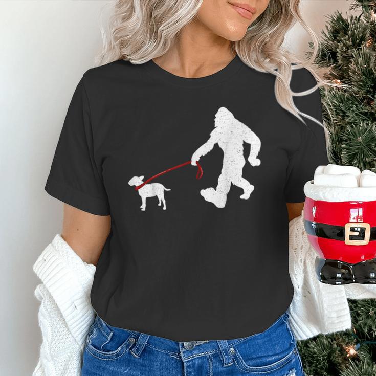 Bigfoot Walking With Bull Terrier Dog Unisex T-Shirt, gift for family, gift for coworker