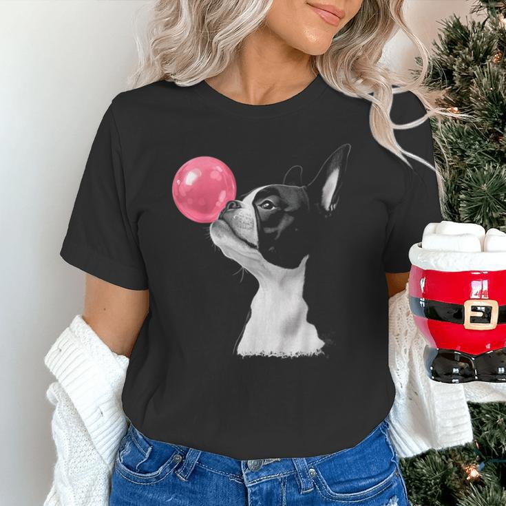 Boston Terrier Dog Blowing Chewing Bubble Gum Pink Unisex T-Shirt, gift for family, gift for coworker