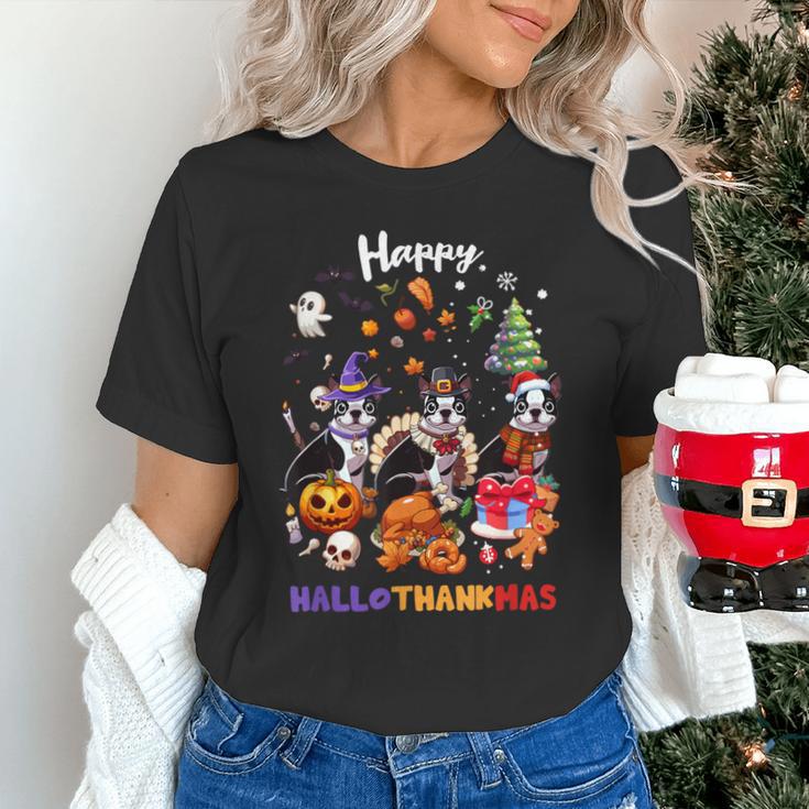Boston Terrier Dog Christmas Happy Hallothankmas Halloween For Men Women Kids Unisex T-Shirt, Boston Terrier Halloween Shirts, Boston Terrier Christmas Shirts, gift for family, gift for coworker