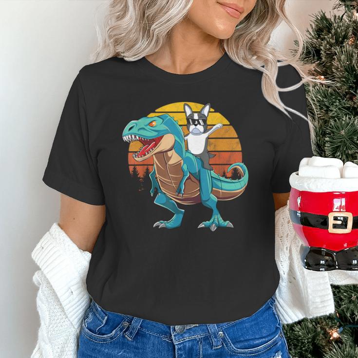 Boston Terrier Dog Riding Dinosaur T Rex Boys Unisex T-Shirt, Boston Terrier Riding Shirts, gift for family, gift for coworker