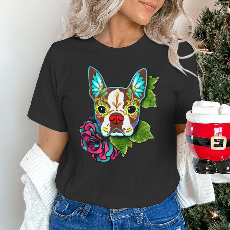 Boston Terrier In Red Day Of The Dead Sugar Skull Dog Unisex T-Shirt, gift for family, gift for coworker