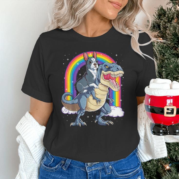 Boston Terrier Riding Dinosaur T-Rex Boys Kids Rainbow Unisex T-Shirt, Boston Terrier Riding Shirts, gift for family, gift for coworker