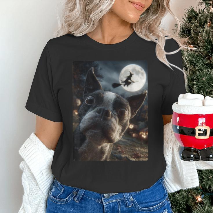 Boston Terrier Selfie Full Moon Flying Witch Halloween Dog Unisex T-Shirt, Boston Terrier Halloween Shirts, gift for family, gift for coworker