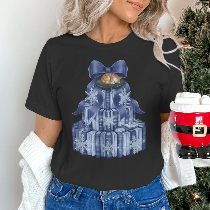 Coquette Bow Book Tree Merry Christmas Xmas Teacher Holiday Unisex T-Shirt, gift for family, gift for coworker