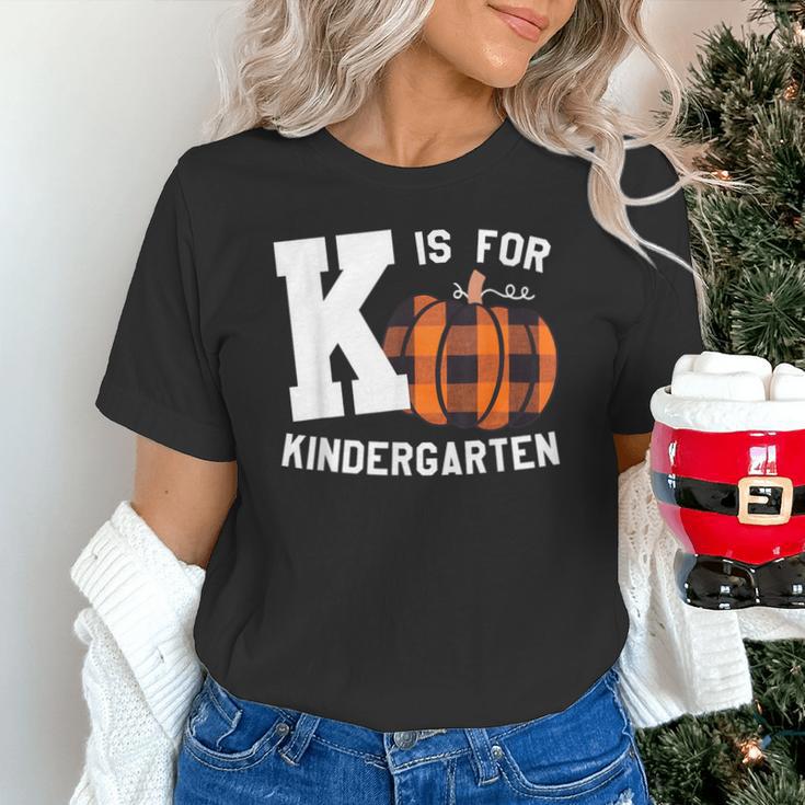 Fall Kindergarten Teacher K Is For Buffalo Plaid Pumpkin Unisex T-Shirt, gift for family, gift for coworker
