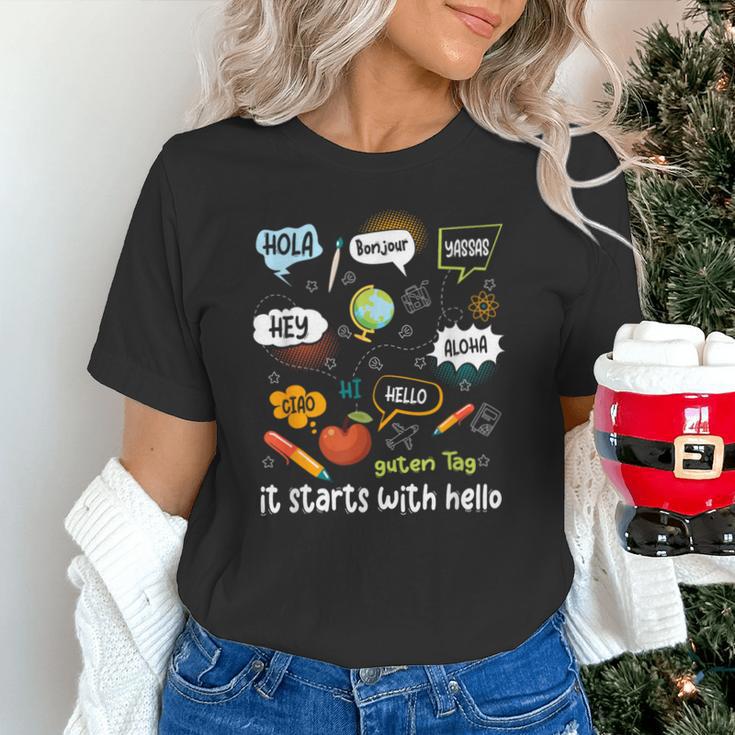 Friendship Inclusion Language Teacher It Starts With Hello Unisex T-Shirt, gift for family, gift for coworker Friendship Inclusion Language Teacher It Starts With Hello Unisex T-Shirt, gift for family, gift for coworker