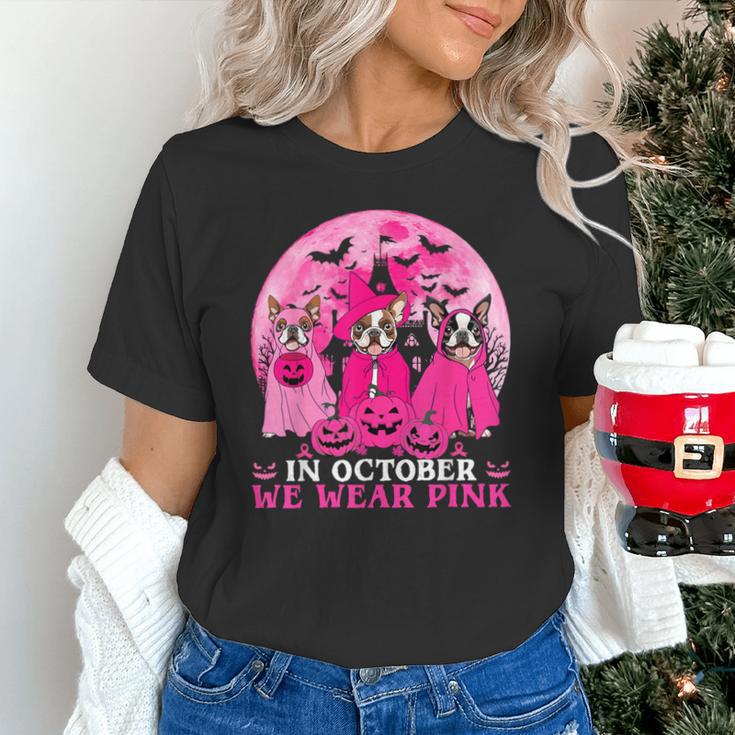 Ghost And Witch Boston Terrier Dog In October We Wear Pink Unisex T-Shirt, Boston Terrier Ghost Shirts, gift for family, gift for coworker