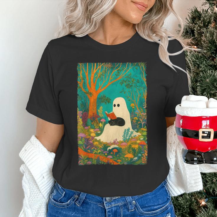 Groovy Ghost Reading Book Cat Halloween Ghost Teacher Unisex T-Shirt, Groovy Teacher Shirts, gift for family, gift for coworker