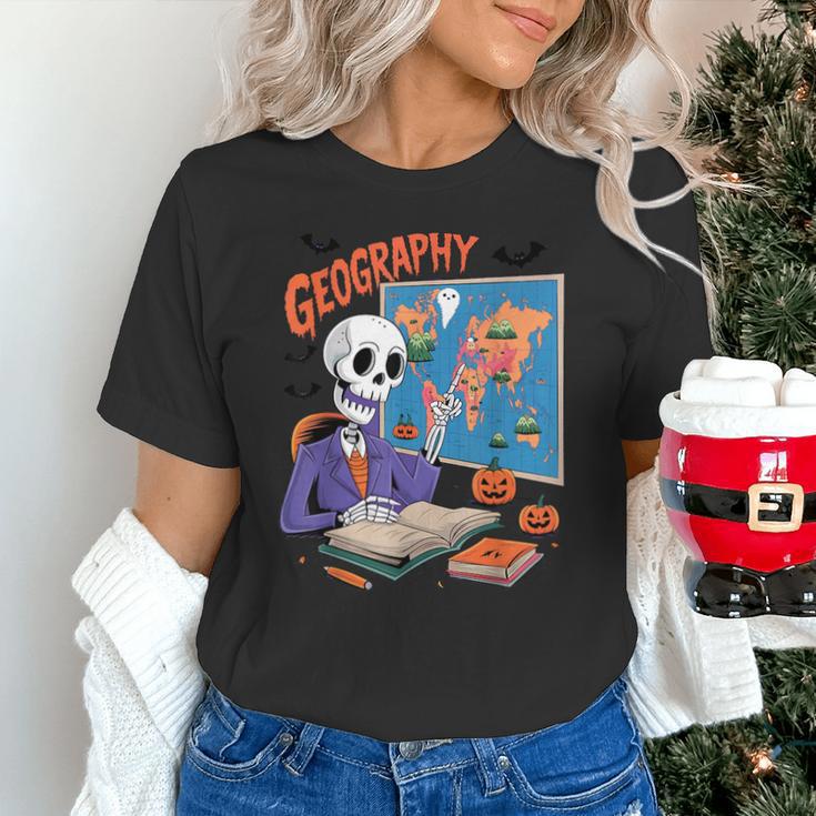Halloween Skeleton Geography Teacher Pumpkin Bats Classroom Unisex T-Shirt, gift for family, gift for coworker