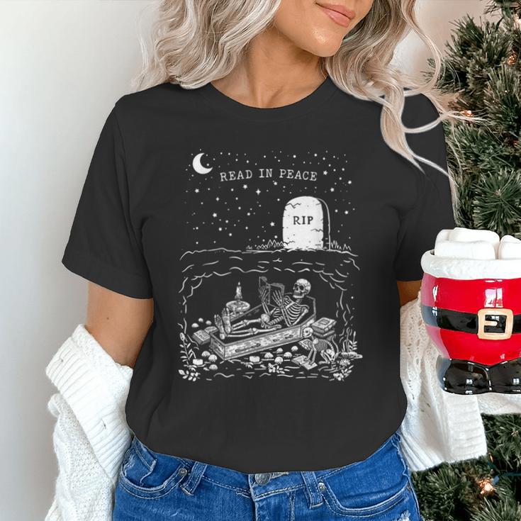 Read In Peace Skeleton Halloween Book Reading Spooky Teacher Unisex T-Shirt, gift for family, gift for coworker