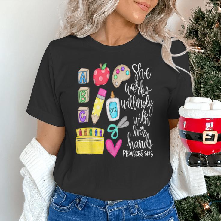 She Works Willingly With Her Hands Proverbs Daycare Teacher Men Women Unisex T-Shirt, gift for family, gift for coworker She Works Willingly With Her Hands Proverbs Daycare Teacher Men Women Unisex T-Shirt, gift for family, gift for coworker