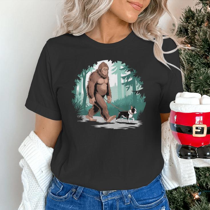 Whimsical Forest Adventures Sasquatch Bigfoot Walking Boston Terrier Dog Lovers Unisex T-Shirt, gift for family, gift for coworker