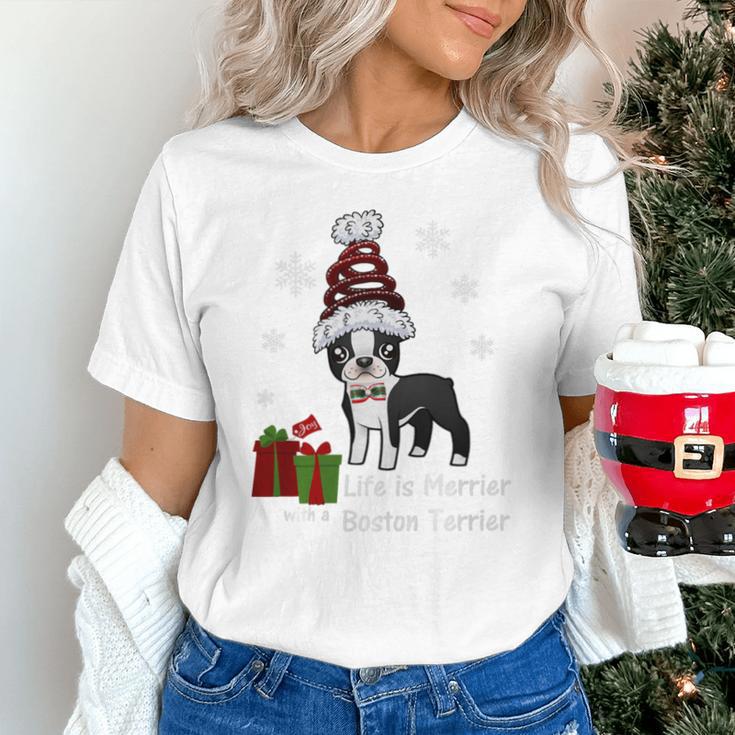 Boston Terrier Christmas T Shirt-Life Is Merrier Premium Tri-Blend Unisex T-Shirt, Boston Terrier Christmas Shirts, gift for family, gift for coworker